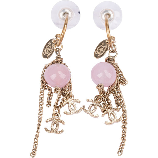 Chanel Gold CC Pink Bead Dangle Earrings