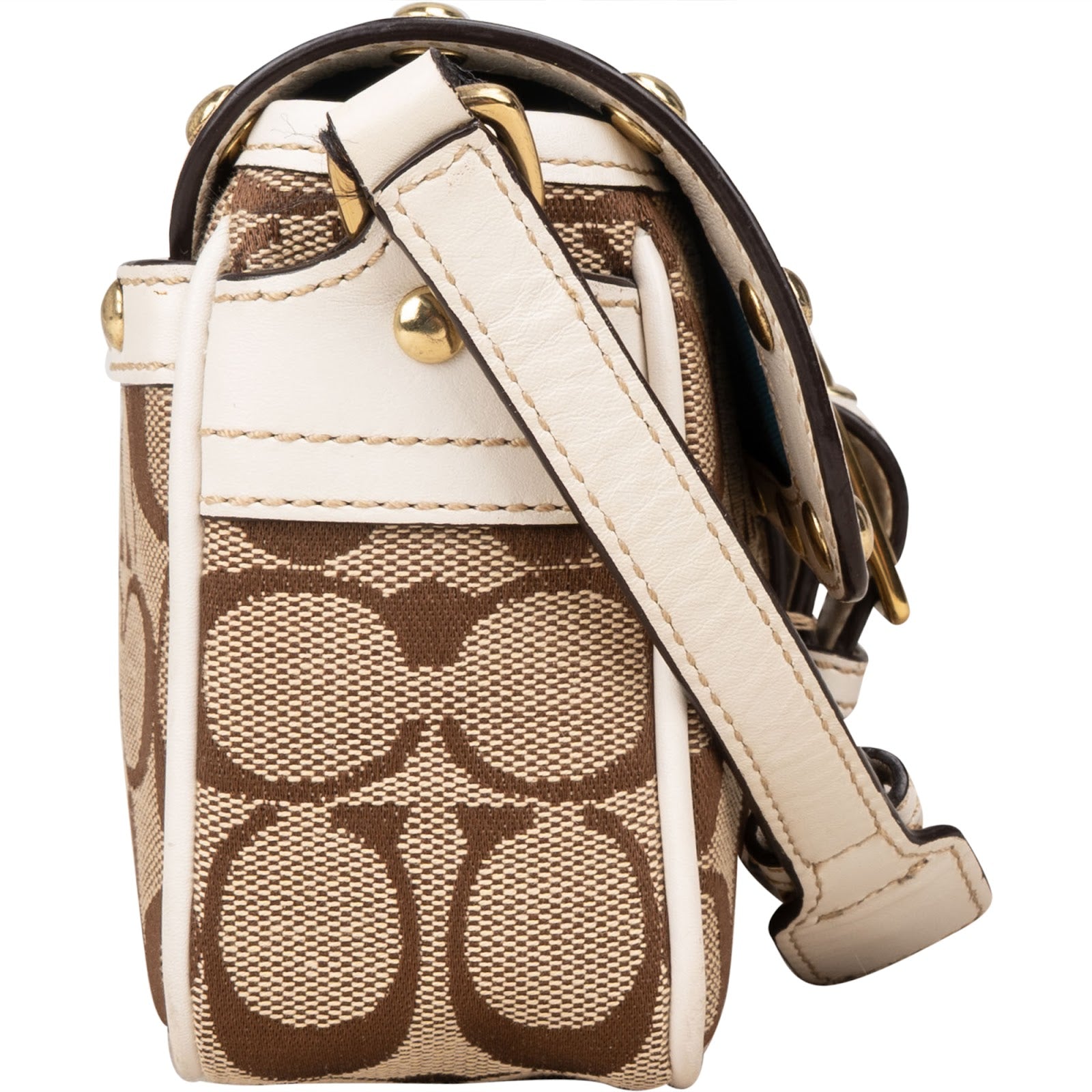 [🔄️B14 / F36] Coach Monogram Signature Canvas Hampton Studded Demi Flap Crossbody Bag - vintageandkickz
