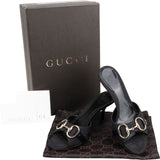 Gucci Black Monogram GG Canvas Leather Horsebit Mules Kitten Heels (34)
