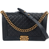 Chanel Quilted Navy Caviar Leather Large Boy Single Flap Crossbody Bag
