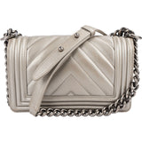 Chanel Metallic Chevron Caviar Leather Boy Single Flap Crossbody Bag