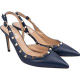Valentino Garavani Grained Navy Calfskin Rockstud Slingback Pumps (37,5)