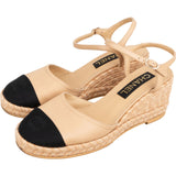 Chanel Beige Leather Cap Toe CC Tweed Wedge Espadrilles Sandals (40)