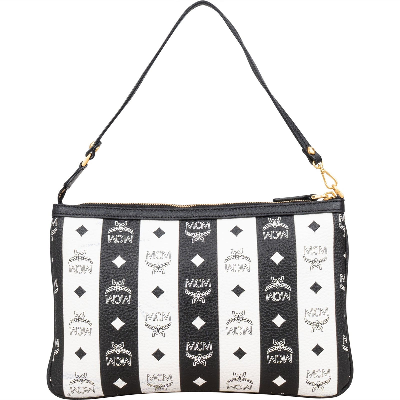 MCM Monogram Visetos Black and White Vertical Stripe Liz Clutch Shoulder Pochette Bag - vintageandkickz