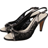 Chanel Leather Lace Mesh Pearl CC Slingback Peep Toe Pumps (37)