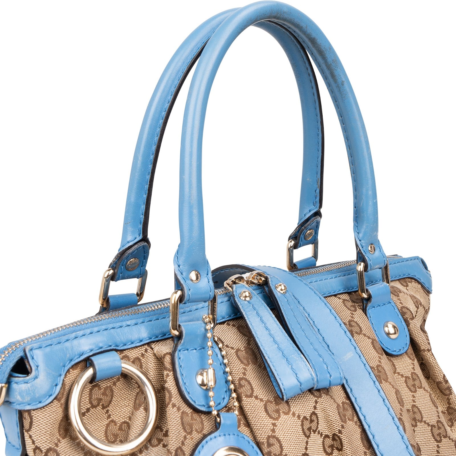 [🔄️B07 / F44] Gucci Blue Leather GG Canvas Sukey Medium Handbag - vintageandkickz