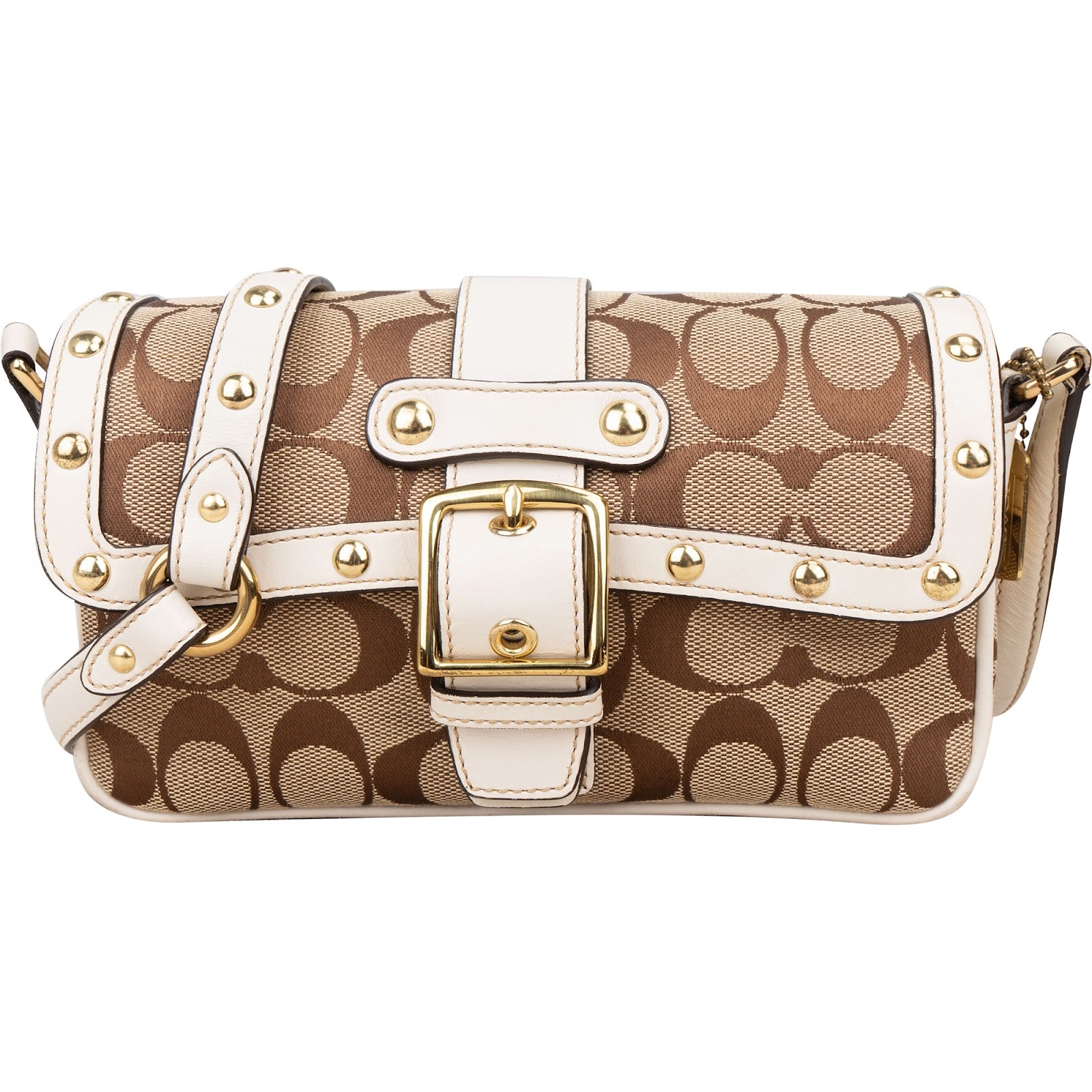 [🔄️B14 / F36] Coach Monogram Signature Canvas Hampton Studded Demi Flap Crossbody Bag - vintageandkickz