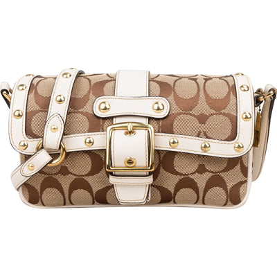 [🔄️B14 / F36] Coach Monogram Signature Canvas Hampton Studded Demi Flap Crossbody Bag - vintageandkickz