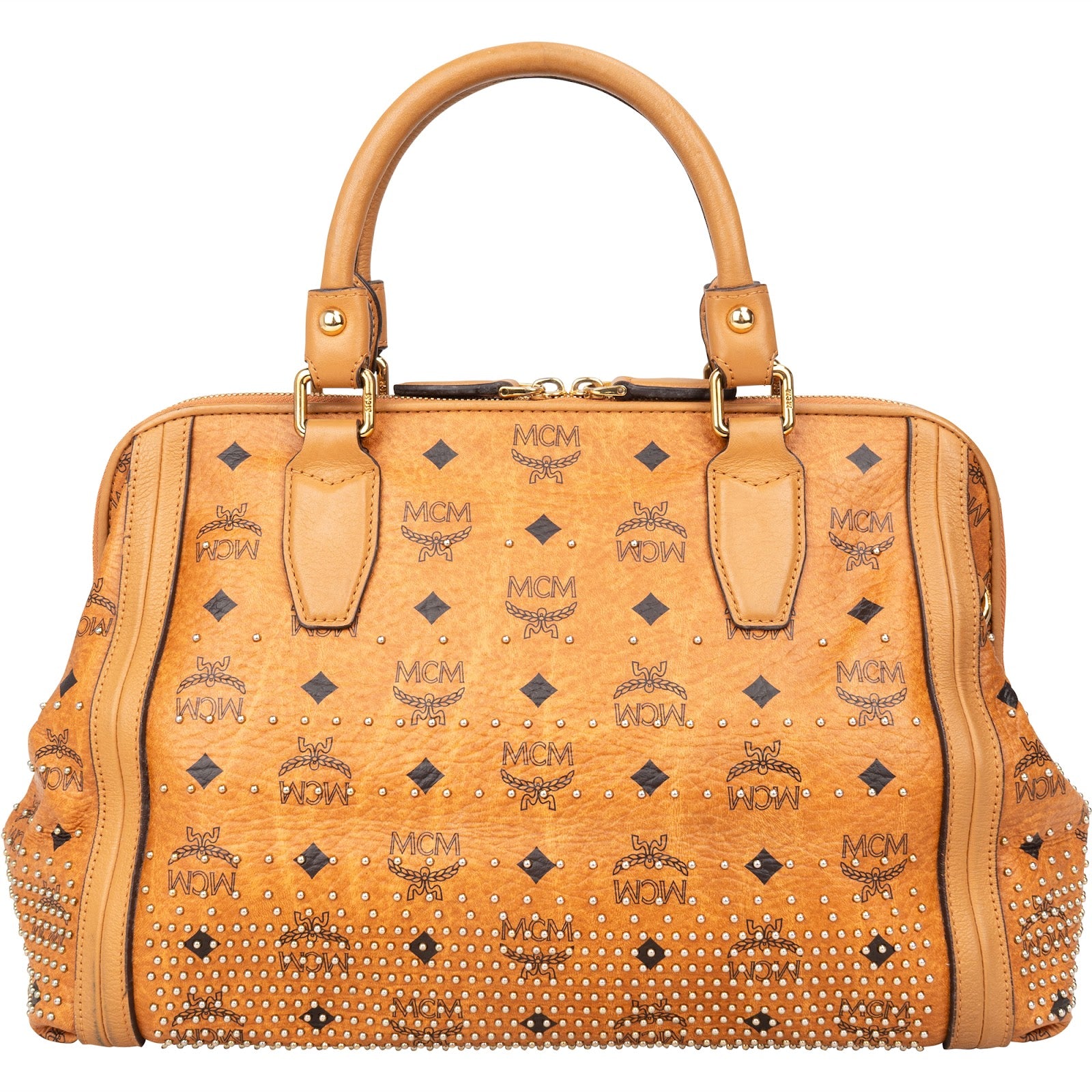 [🔄️B14 / F19] MCM Monogram Visetos Studded Boston Bag Medium Handbag - vintageandkickz