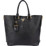 Prada Noir Vitello Phenix Leather Side Zipper Tote Handbag