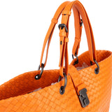 Bottega Veneta Orange Intrecciato Leather Capri Lock Tote Handbag