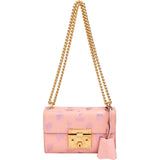 Gucci Pink Leather Glitter Embossed Fruits Small Padlock Crossbody Bag
