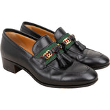 Gucci Black Brushed Leather GG Web Tassels Loafers (34,5)