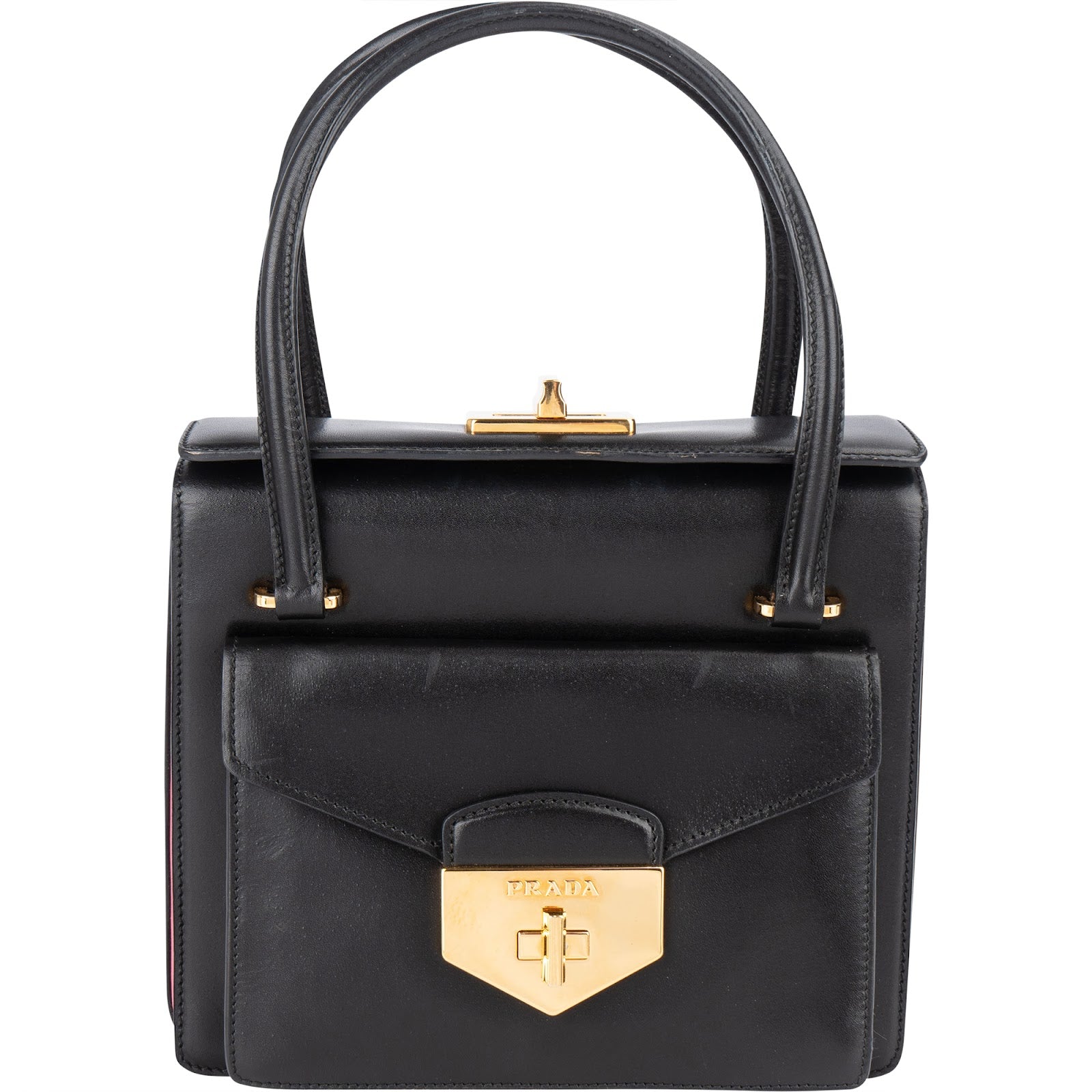 Prada Calfskin Leather Double Turnlock Handbag - vintageandkickz