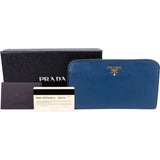 Prada Blue Saffiano Leather Zip Around Wallet