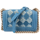Chanel Denim Frayed Chevron Pleated Small Boy Crossbody Bag
