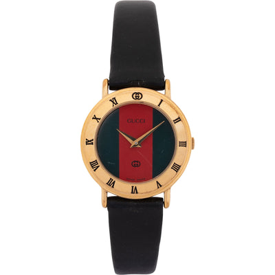 Gucci Gold Tone Black Leather Sherry Line Web 3000L Woman Watch