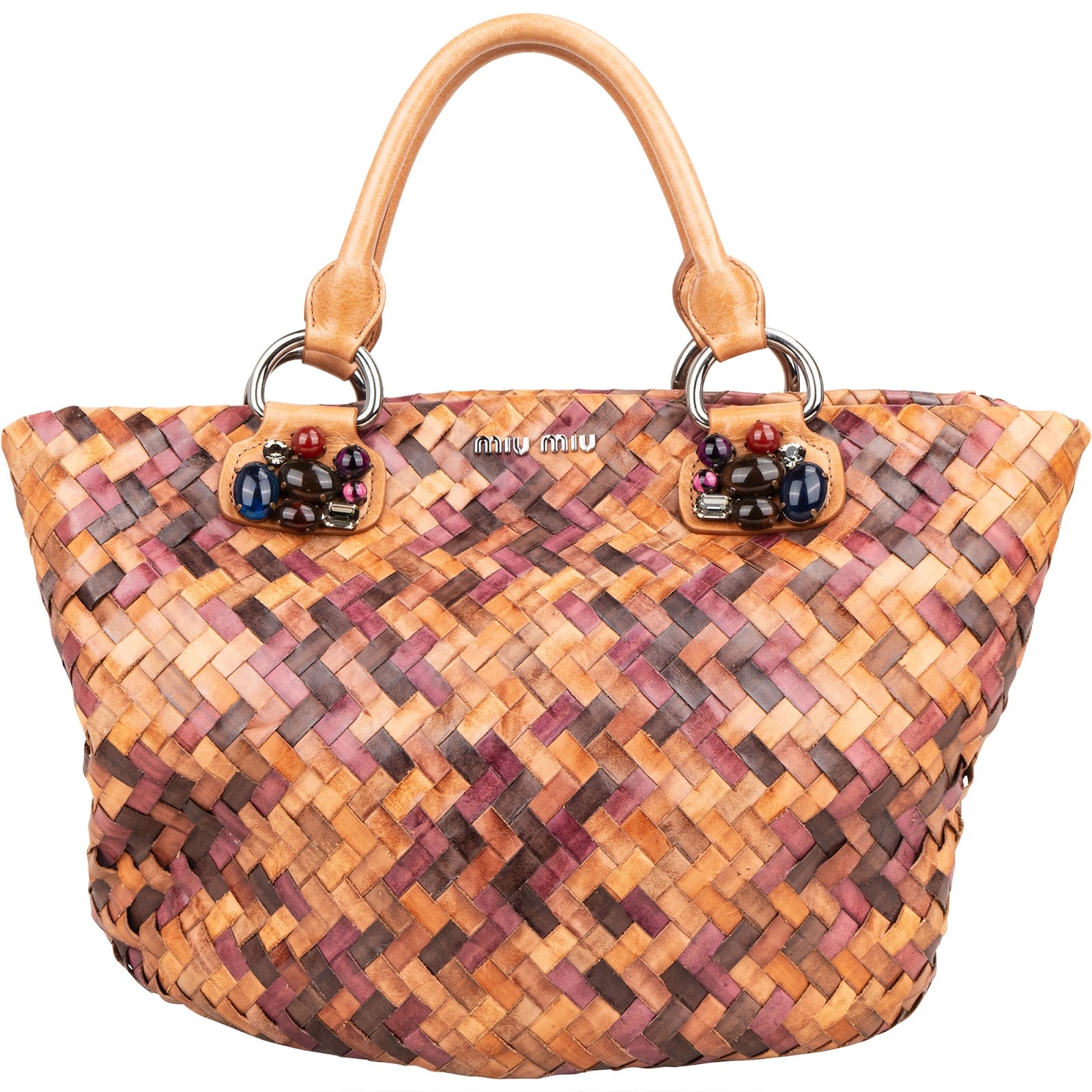 [🔄️B20 / F41] Miu Miu Woven Leather Jeweled Tote Handbag - vintageandkickz