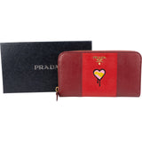 Prada Saffiano Leather Heart Print Zip Around Wallet
