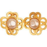 Chanel Gold Tone CC Clover Faux Pearl 1995 Clip-On Earrings
