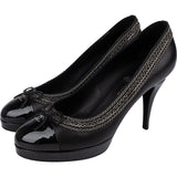 Chanel Black Leather Chain Trim Bow Cap Toe Platform Pumps (38)