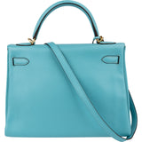 Hermès Taurillon Clemence Leather Gold Kelly 32 Handbag Blue Saint-Cyr