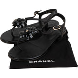 Chanel Black Leather Camellia Flower Thong Strap Sandals (35)
