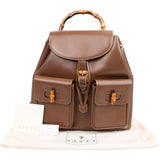 Gucci Brown Pebbled Leather Bamboo Drawstring Backpack
