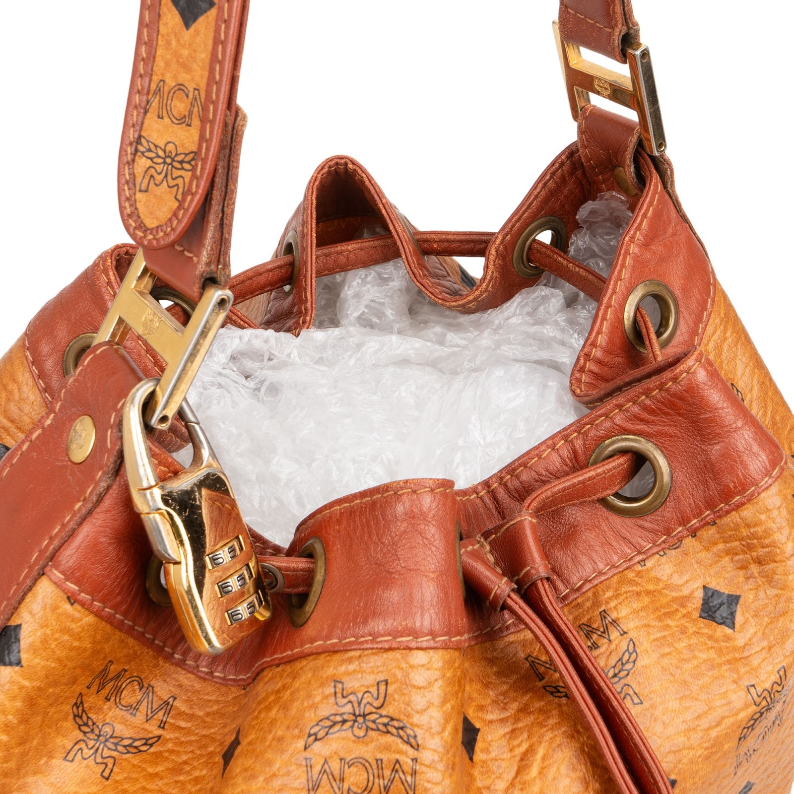 MCM Monogram Visetos Drawstring Bucket Crossbody Bag - vintageandkickz