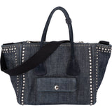 Prada Studded Perforated Denim Suede Handle Shopper Handbag