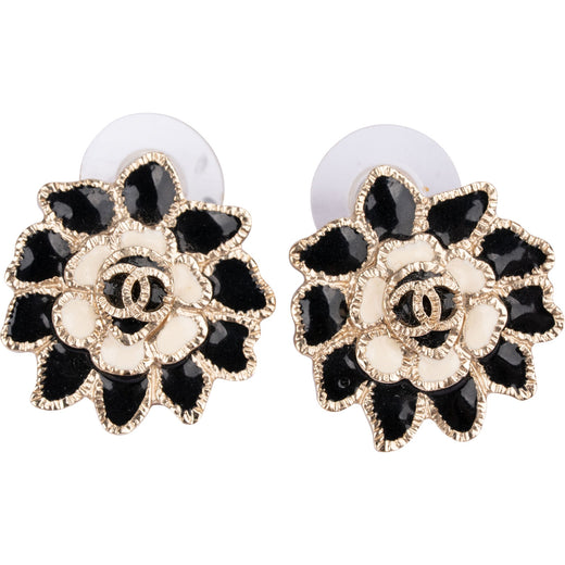 Chanel Gold CC Camellia B&W Earrings