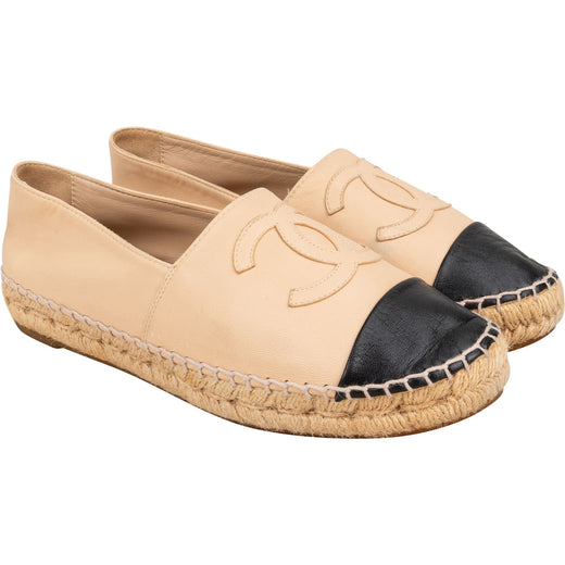 Chanel Beige Leather CC Cap Toe Espadrilles Shoes (37)