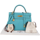 Hermès Taurillon Clemence Leather Gold Kelly 32 Handbag Blue Saint-Cyr
