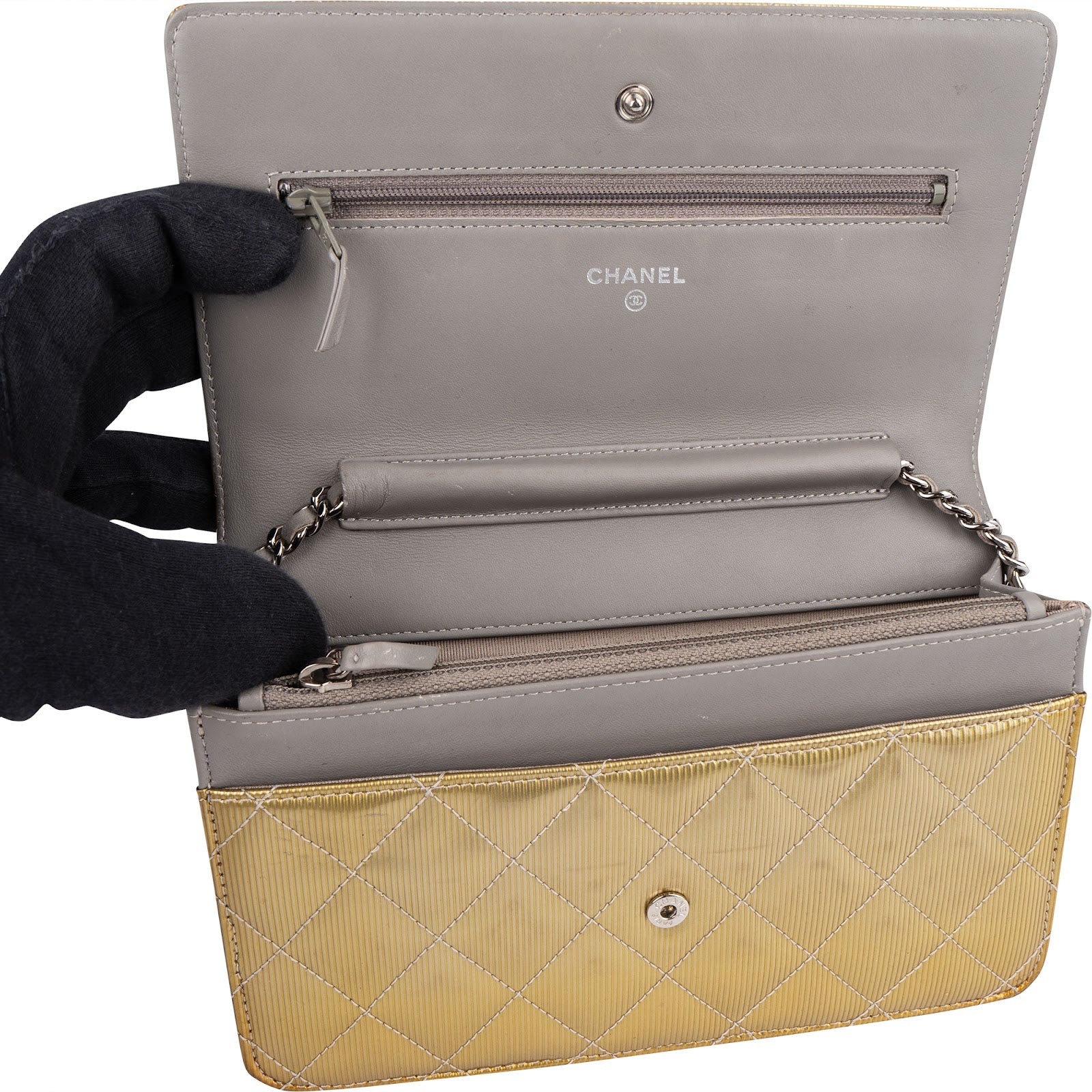 Chanel Ribbed Metallic Patent Leather Wallet On Chain Crossbody Bag - vintageandkickz