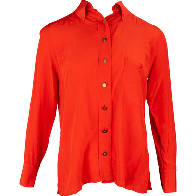 Chanel Red Silk CC Emblem Button-Down Blouse Longsleeve Shirt (D38 / FR40)