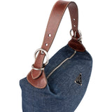 Prada Blue Denim Brown Leather D-Ring Shoulder Bag