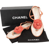 Chanel Coral Canvas Camellia Flower CC Thong Sandals (37)