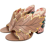 Gucci Brown Leather Webby Autumn Leaf Applique Snake Studded Heel Mule Sandals (37,5)