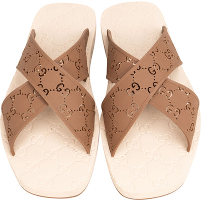 Gucci Multicolor Haselnut Crossed GG Rubber Slide Sandals (44)