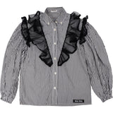 Miu Miu Vertical Striped Cotton Ruffle Longsleeve Blouse (IT36)