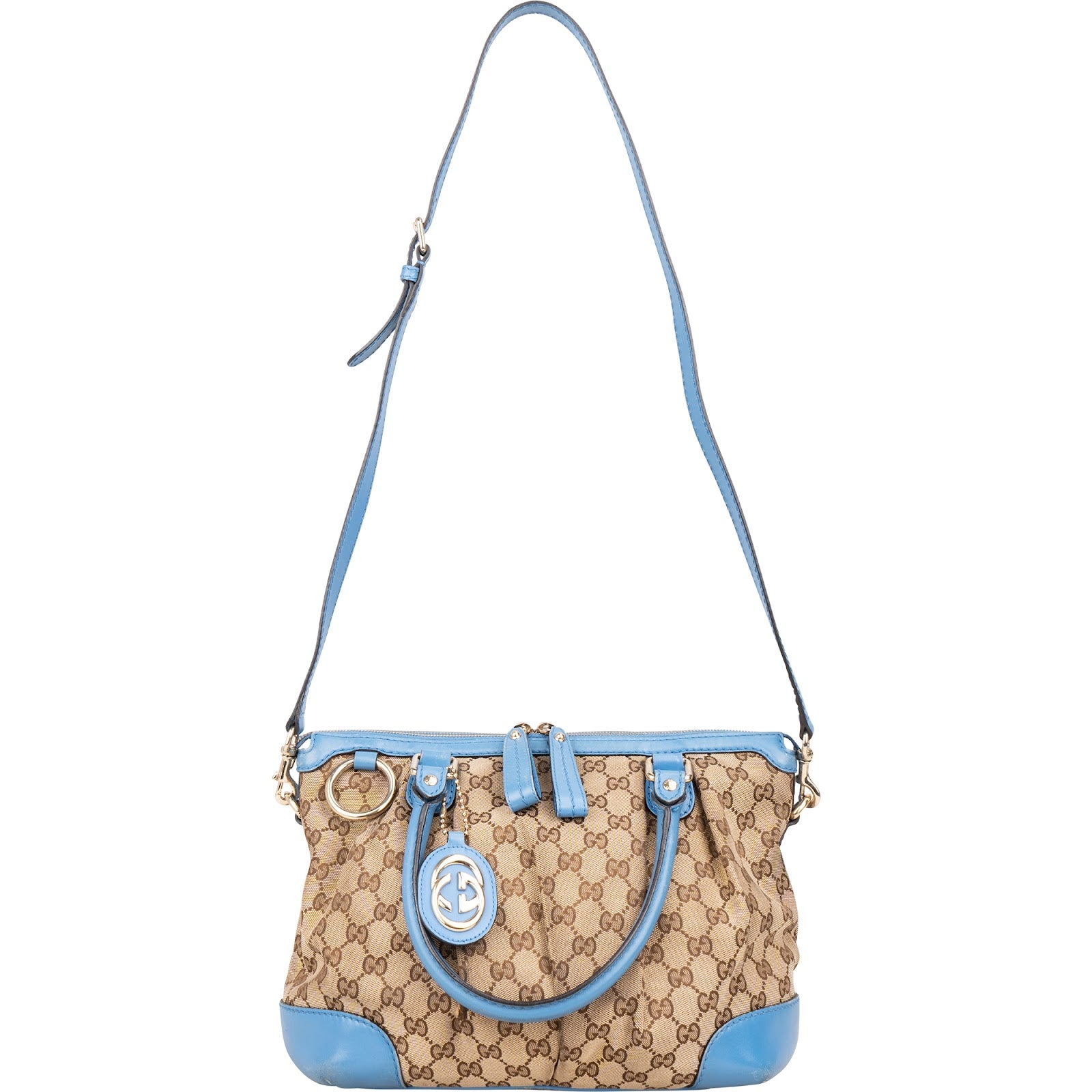 [🔄️B07 / F44] Gucci Blue Leather GG Canvas Sukey Medium Handbag - vintageandkickz