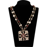 Chanel Double-Strand Gold Pearl Beads Cross Flower Pendant Necklace