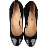 Chanel Black Patent Leather Suede Cap Toe CC Pumps (37)