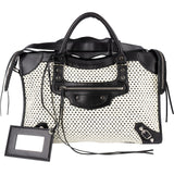 Balenciaga Black and White Raffia and Leather City Handbag