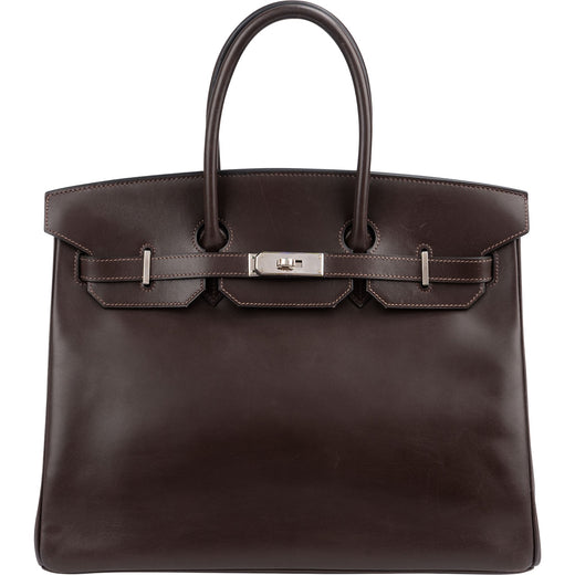 Hermès Brun Boxcalf Leather Palladium Birkin 35 Handbag