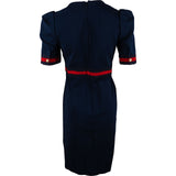 Gucci Navy Cotton Web Stripe Bow Pearl Buttons Short Sleeve Dress (M)