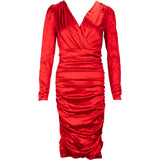 Dolce & Gabbana Red Silk Ruched V-Neck Longsleeve Dress (IT42)
