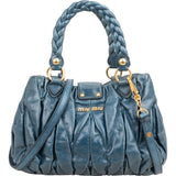 Miu Miu Blue Leather Vitello Lux Pleated Handbag