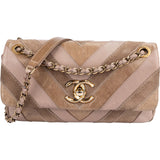 Chanel Suede Leather Chevron Patchwork Single Flap Shoulder Bag