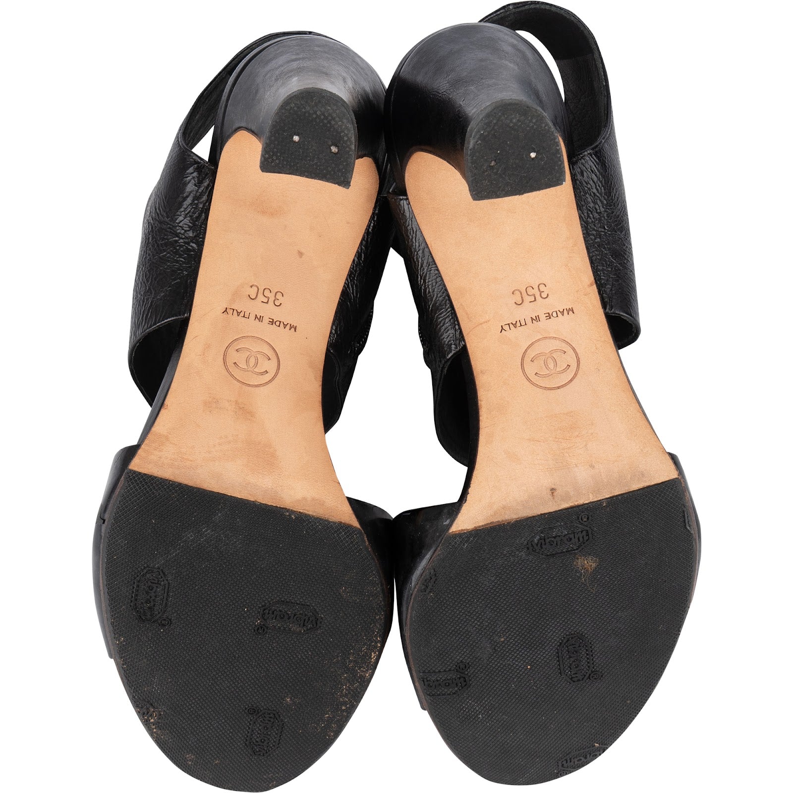 Chanel Black Leather Ankle Cuff Patent Sandals Heels (35) - vintageandkickz